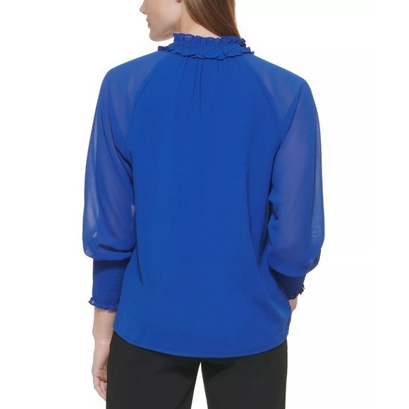 CALVIN KLEIN Long Sleeve Ruffle Collar Blouse in Klein Blue - Medium - Picture 2 of 4